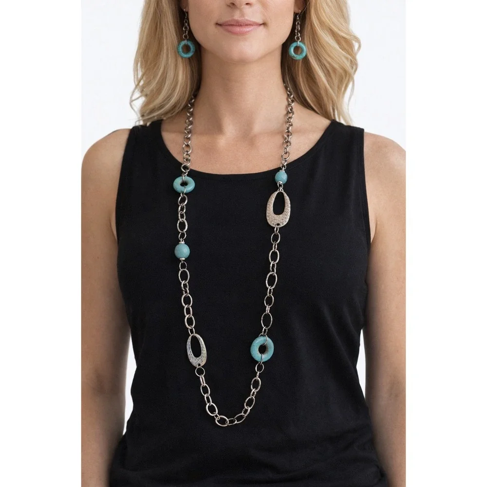 Silver Tone Long Turquoise Faux Stone Chain Necklace and Drop Earring‎ Set Boho